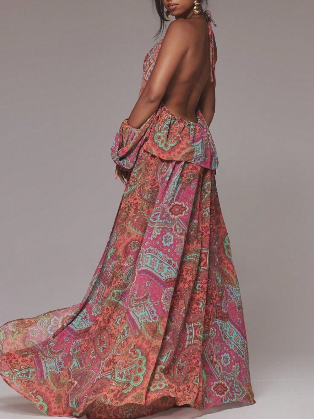 Orange Boho Women's Paisley Pleated High Neck Long Sleeve Maxi Dress - Picture 4 of 6